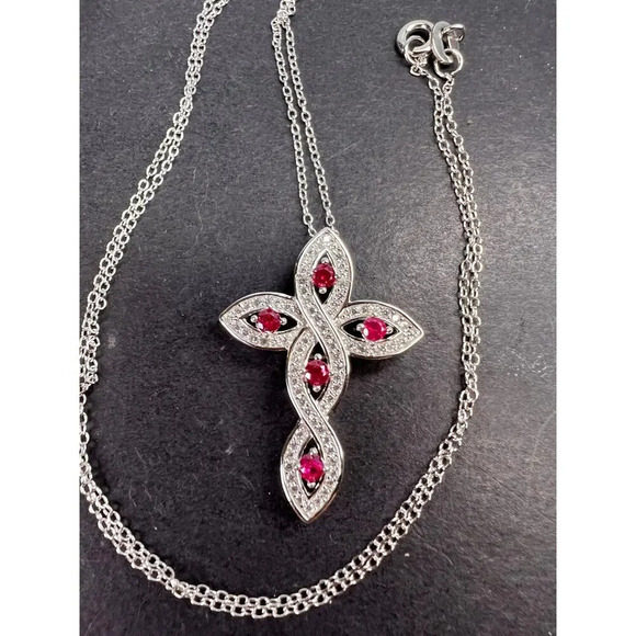 Lab ruby and CZ cross pendant and chain in rhodium over sterling silver - Picture 1 of 11